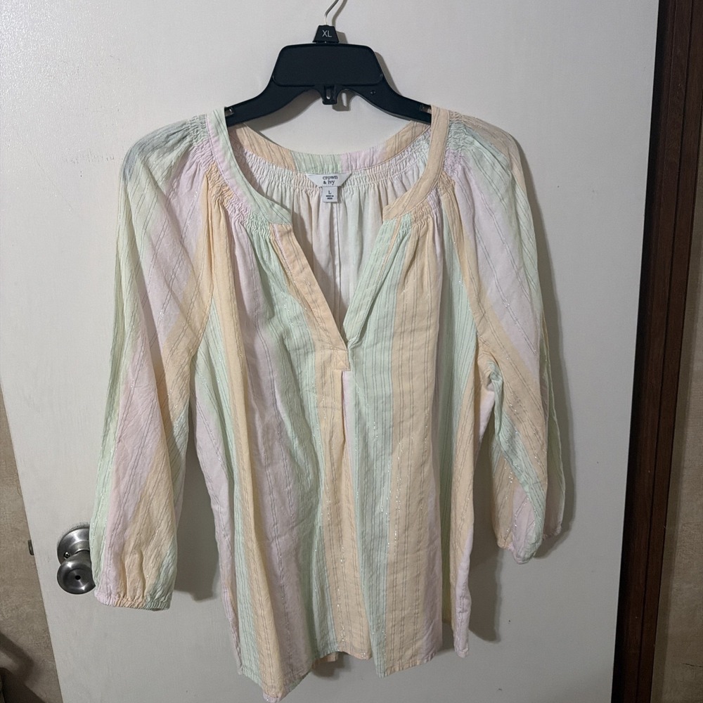 Crown & Ivy Pastel Striped Blouse/Top Size L Cotton Lined Boho Peasant Spring